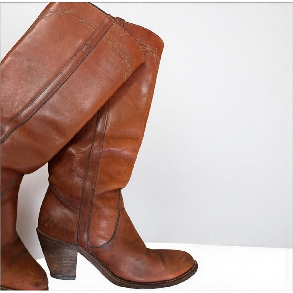 Vtg Frye 70's Campus Leather Stacked Heel Riding Boots Womens 8 Cognac Brown USA - Picture 2 of 12